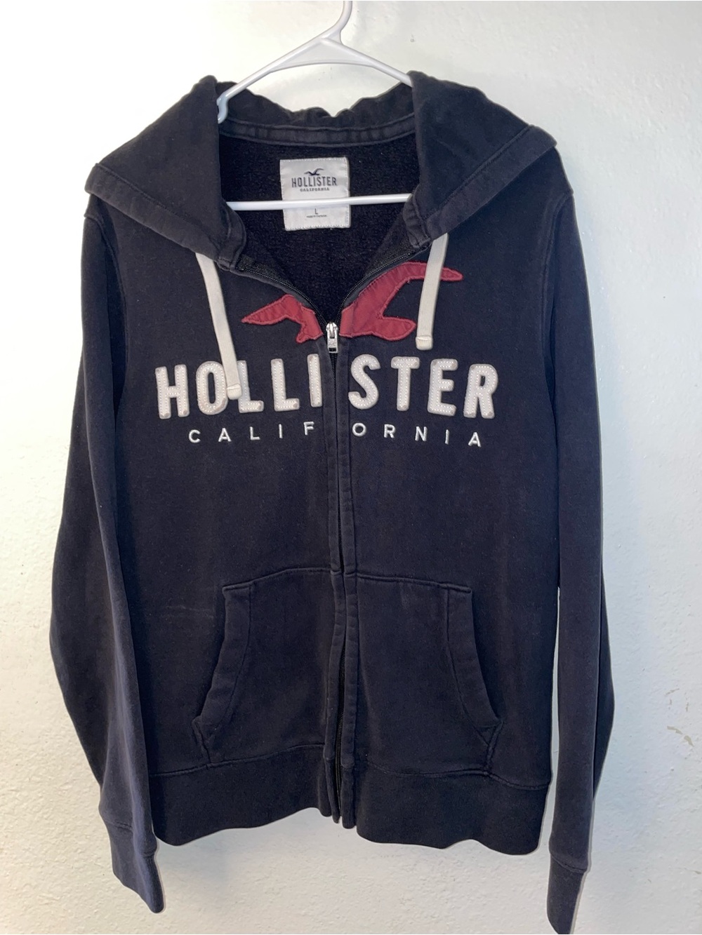 Hollister Vintage Black Zip Hoodie with Red Seagull Accent